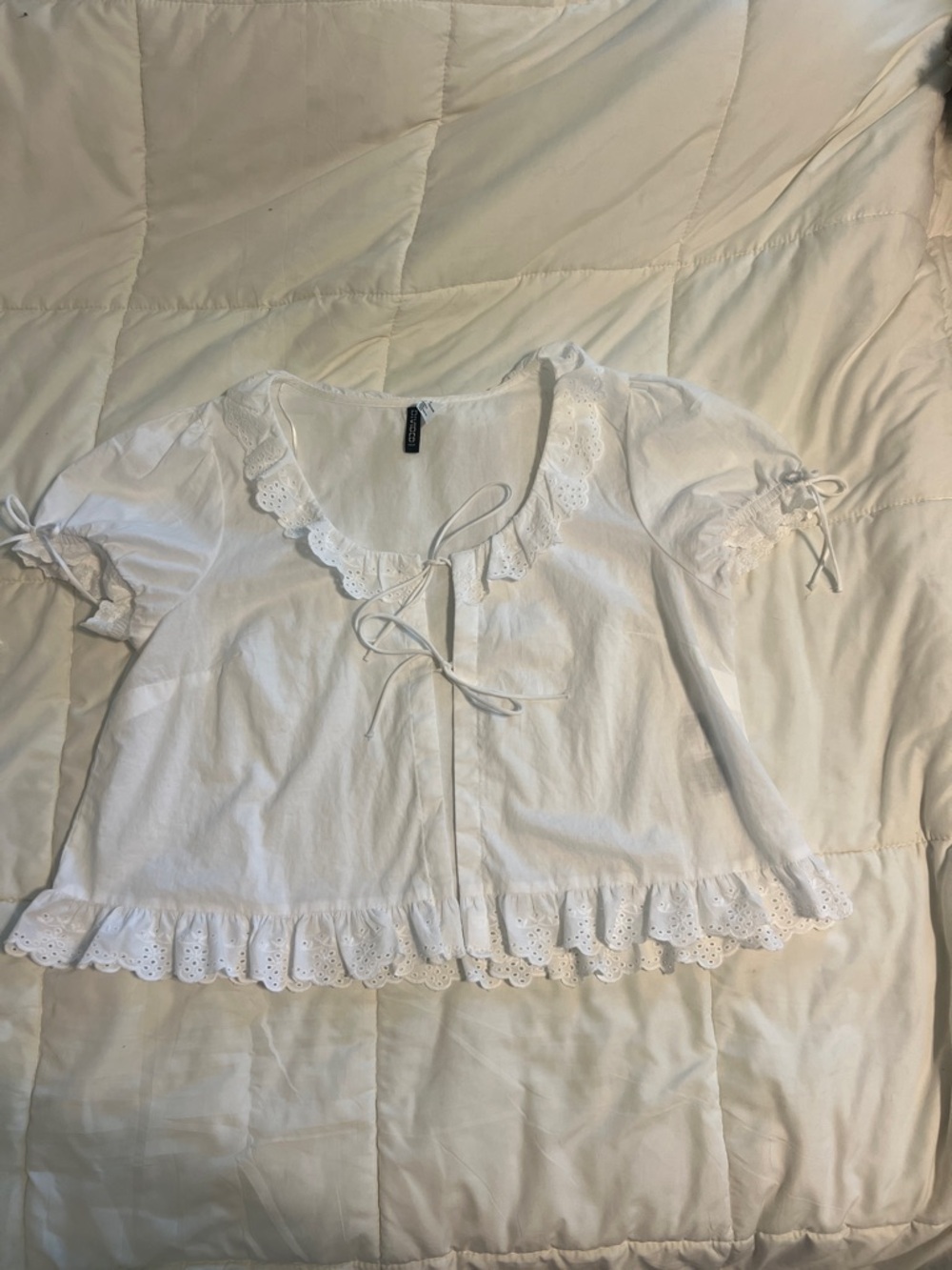 H&M White Eyelet Ruffle Tie-Front Blouse